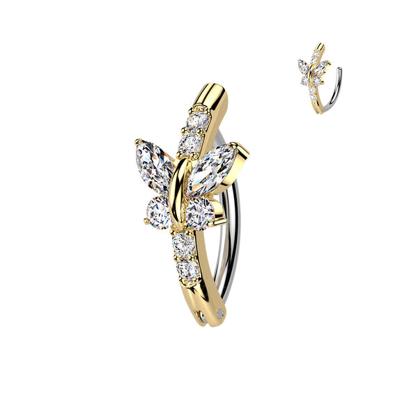 316L Surgical Steel Gold PVD White CZ Butterfly Hinged Clicker Belly Ring - Pierced Universe