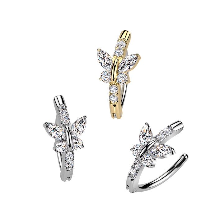316L Surgical Steel Gold PVD White CZ Butterfly Hinged Clicker Belly Ring - Pierced Universe