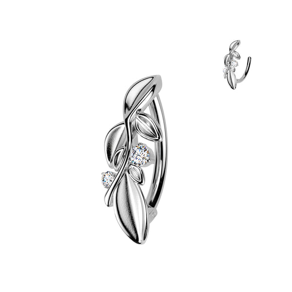 316L Surgical Steel White CZ Leaf Vine Petal Hinged Belly Ring - Pierced Universe