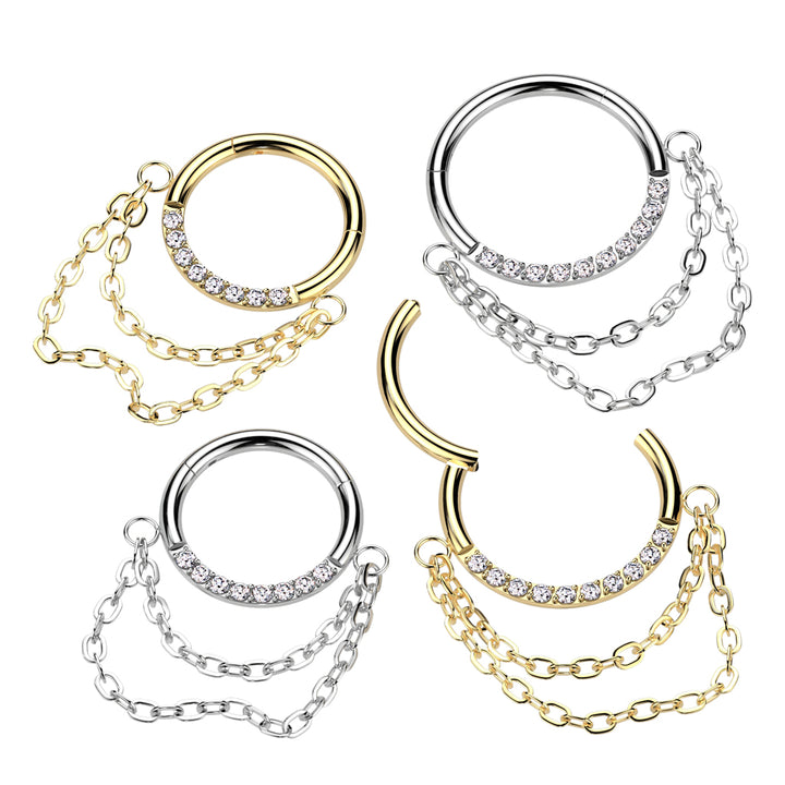 Implant Grade Titanium Gold PVD White CZ Chain Dangle Clicker Hoop - Pierced Universe