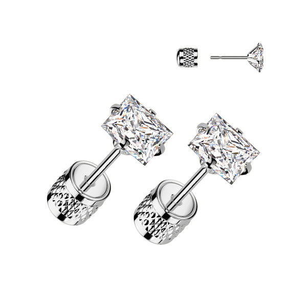 Pair of 316L Surgical Steel Push In Backing White CZ Square Gem Stud Earrings