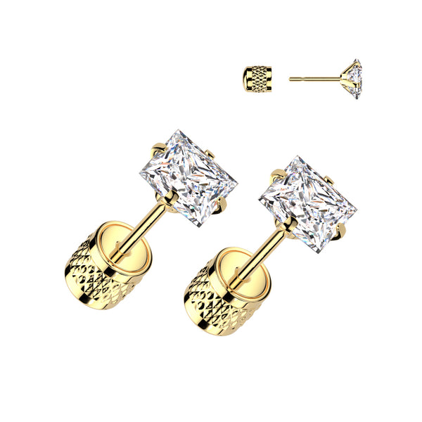 Pair of 316L Surgical Steel Gold PVD Push In Backing White CZ Square Gem Stud Earrings