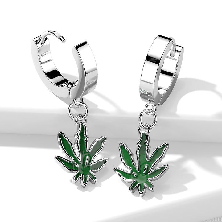 Pair of 316L Surgical Steel Green Marijuana Weed Leaf Dangle Hoop Earrings - Pierced Universe