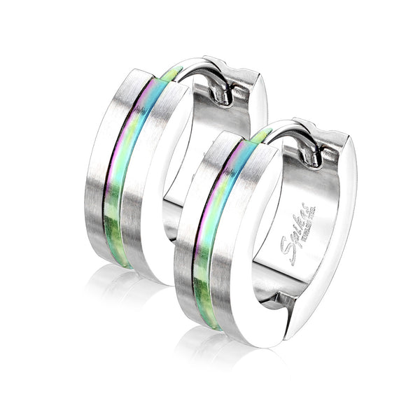 Pair of 316L Surgical Steel Rainbow PVD Thin Stripe Centre Hoop Earrings