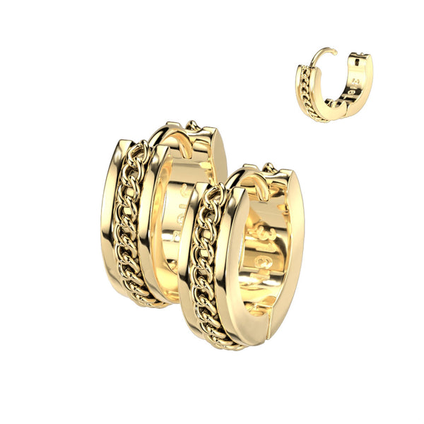 Pair of 316L Surgical Steel Gold PVD Chain Link Design Hinged Hoop Earrings - Pierced Universe