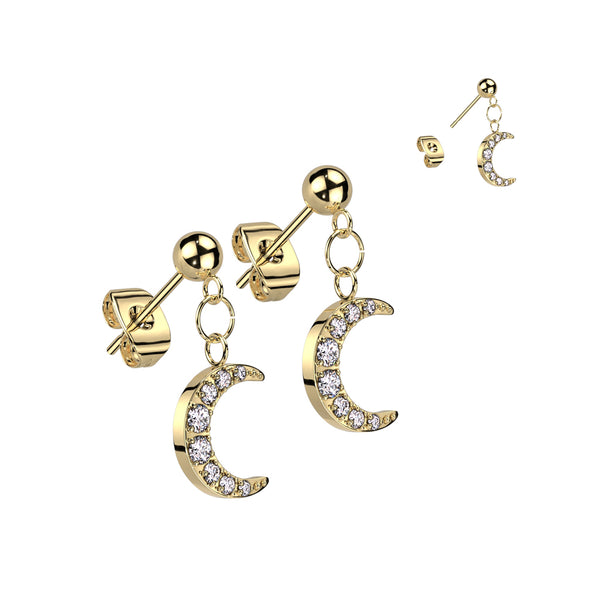 Pair of 316L Surgical Steel Gold PVD Ball Large White CZ Crescent Moon Dangle Stud Earrings