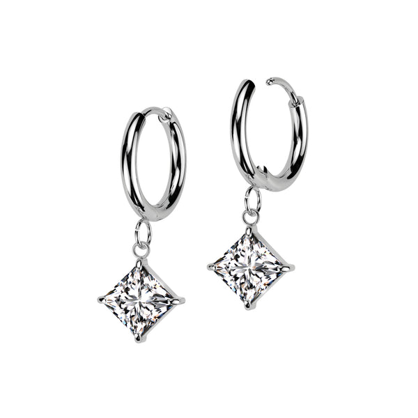 Pair of 316L Surgical Steel White CZ Square Gem Dangle Hoop Earrings