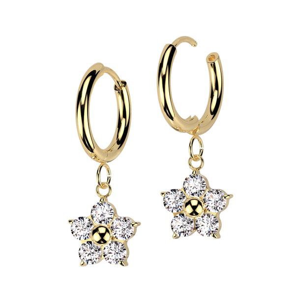 Pair of 316L Surgical Steel Gold PVD Large White CZ Flower Dangle Hoop Earrings