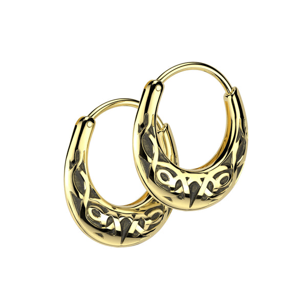 Pair of 316L Surgical Steel Gold PVD 16ga Tribal Design Hoop Earrings