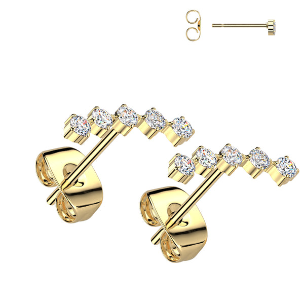 Pair of 316L Surgical Steel Gold PVD Curved White CZ Stud Earrings