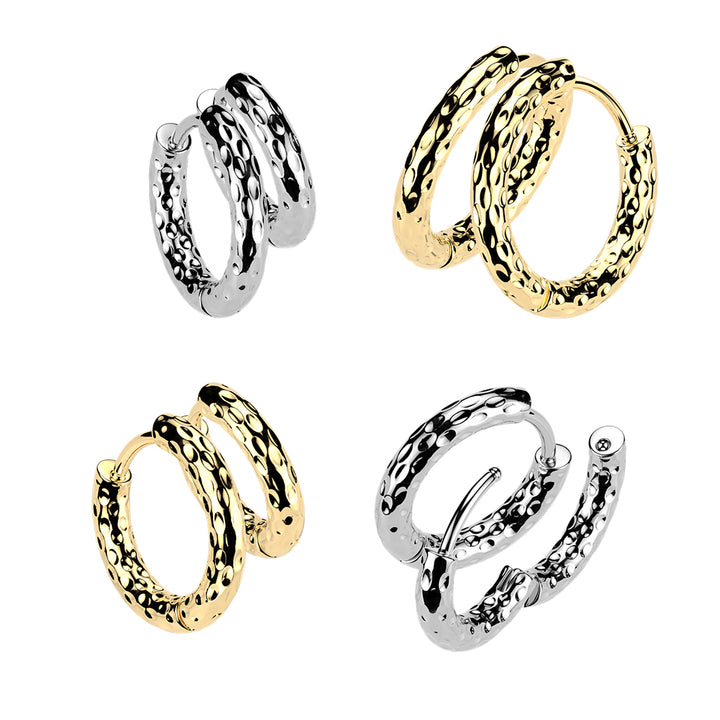 Pair of 316L Surgical Steel Gold PVD Hammered Hinged Hoop Earrings - Pierced Universe