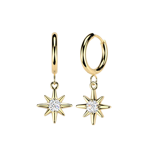 Pair of 316L Surgical Steel Gold PVD White CZ Starburst Large Dangle Hinged Hoop Earrings - Pierced Universe