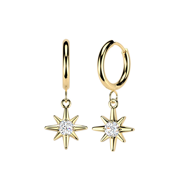 Pair of 316L Surgical Steel Gold PVD White CZ Starburst Large Dangle Hinged Hoop Earrings - Pierced Universe