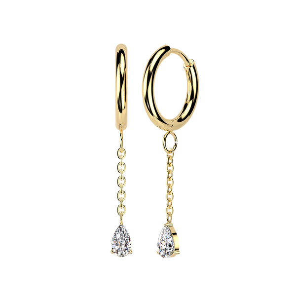 Pair of 316L Surgical Steel Gold PVD White CZ Long Teardrop Dangle Hinged Hoop Earrings - Pierced Universe