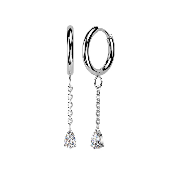 Pair of 316L Surgical Steel White CZ Long Teardrop Dangle Hinged Hoop Earrings - Pierced Universe