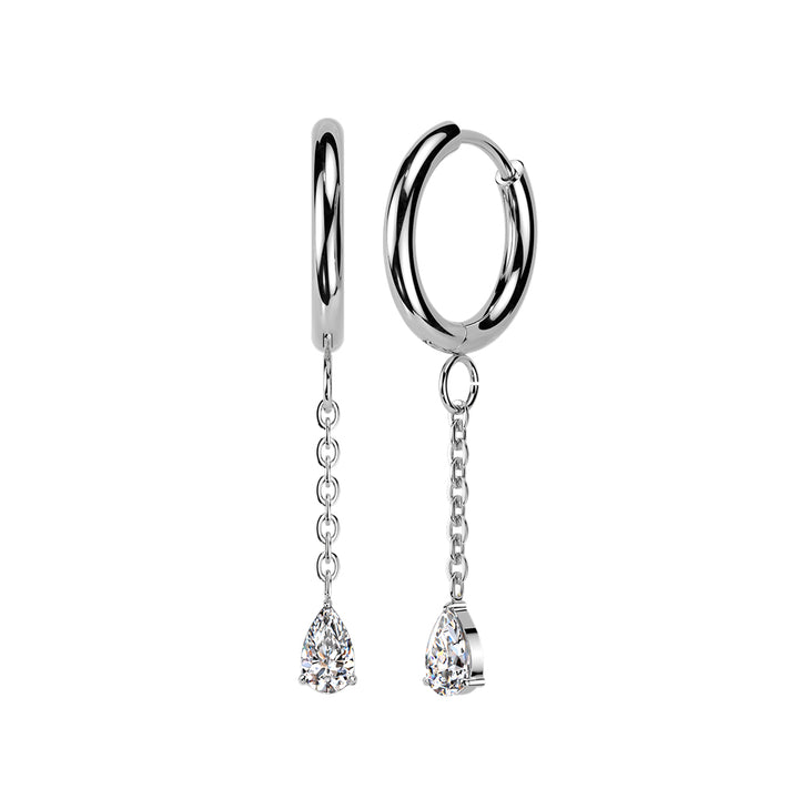 Pair of 316L Surgical Steel White CZ Long Teardrop Dangle Hinged Hoop Earrings - Pierced Universe