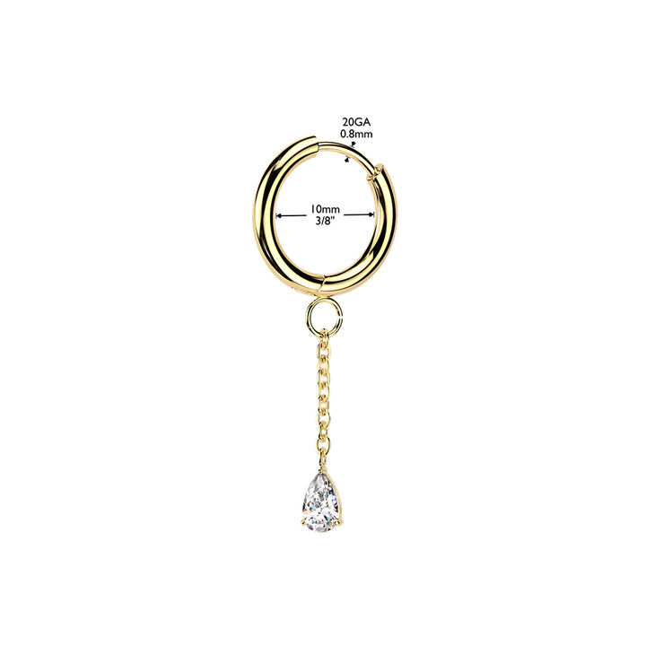 Pair of 316L Surgical Steel Gold PVD White CZ Long Teardrop Dangle Hinged Hoop Earrings - Pierced Universe