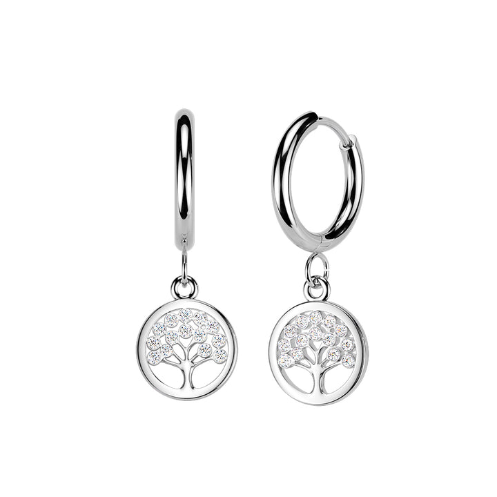 Pair of 316L Surgical Steel White CZ Tree Of Life Dangle Hinged Hoop Earrings - Pierced Universe