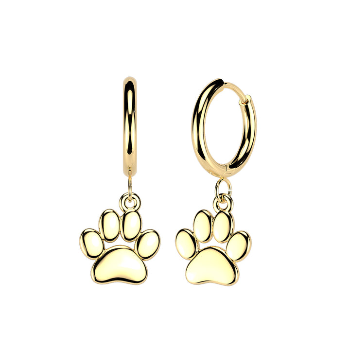 Pair of 316L Surgical Steel Gold PVD Large Paw Print Dangle Hoop Earrings - Pierced Universe