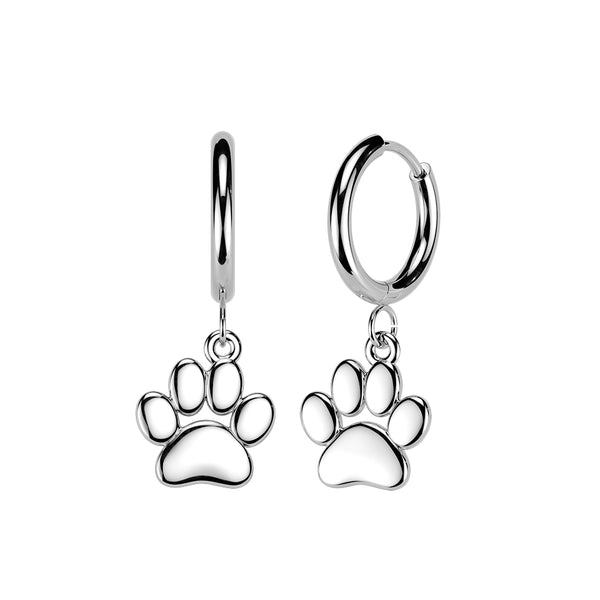 Pair of 316L Surgical Steel Large Paw Print Dangle Hoop Earrings - Pierced Universe
