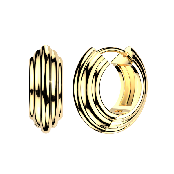 316L Surgical Steel Gold PVD Ridged Line Rounded Thick Hinged Hoop Earring