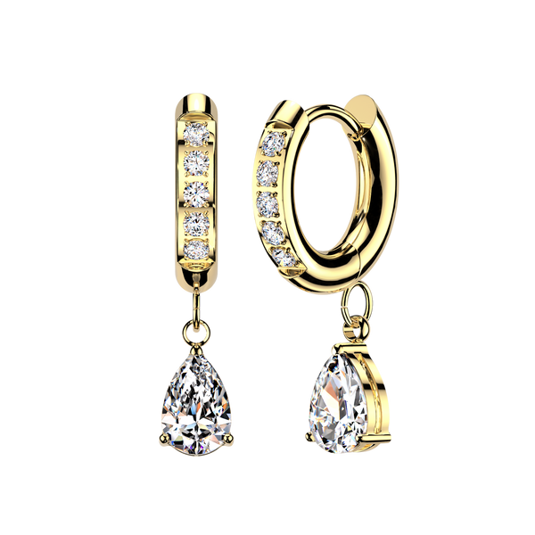 Pair of 316L Surgical Steel Gold PVD White CZ Teardrop Dangle Hinged Hoop Earrings - Pierced Universe