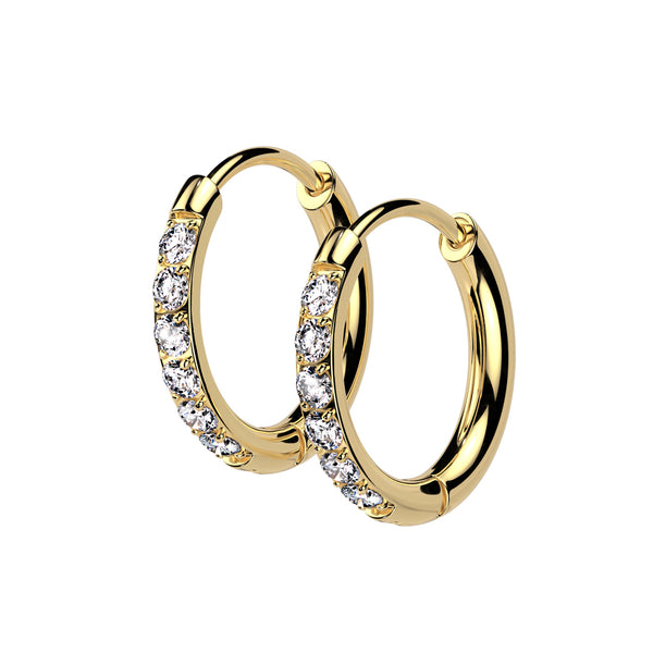 Pair of 316L Surgical Steel Gold PVD White CZ Dainty Hoop Earrings - Pierced Universe