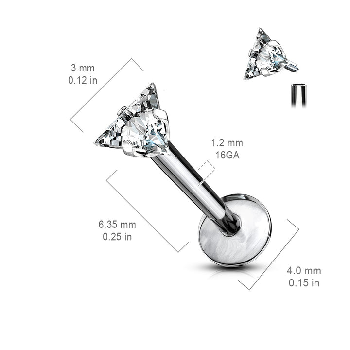 Implant Grade Titanium White CZ Triangle Internally Threaded Flat Back Labret - Pierced Universe
