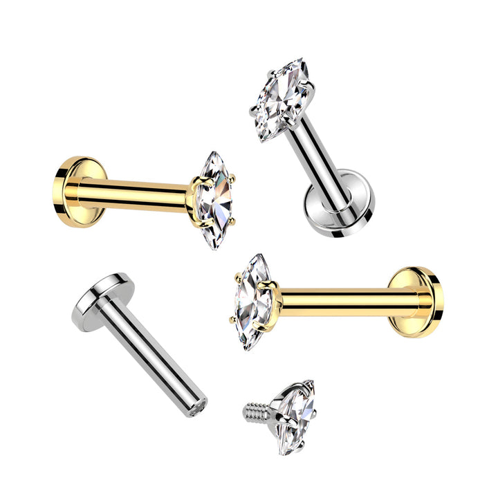 Implant Grade Titanium Gold PVD White CZ Marquise Gem Internally Threaded Flat Back Labret - Pierced Universe