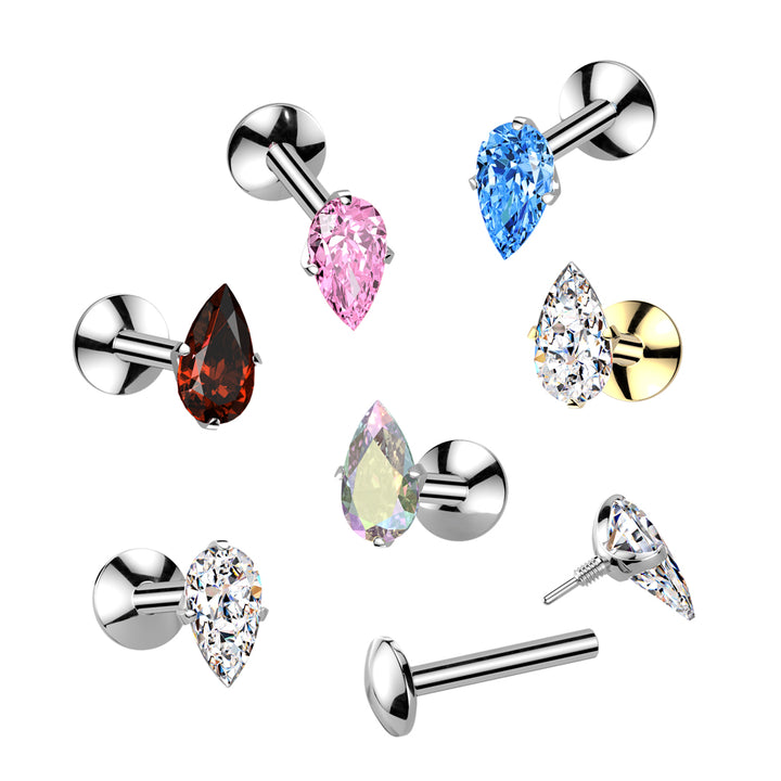 Implant Grade Titanium Red CZ Teardrop Shaped Internally Threaded Flat Back Labret - Pierced Universe