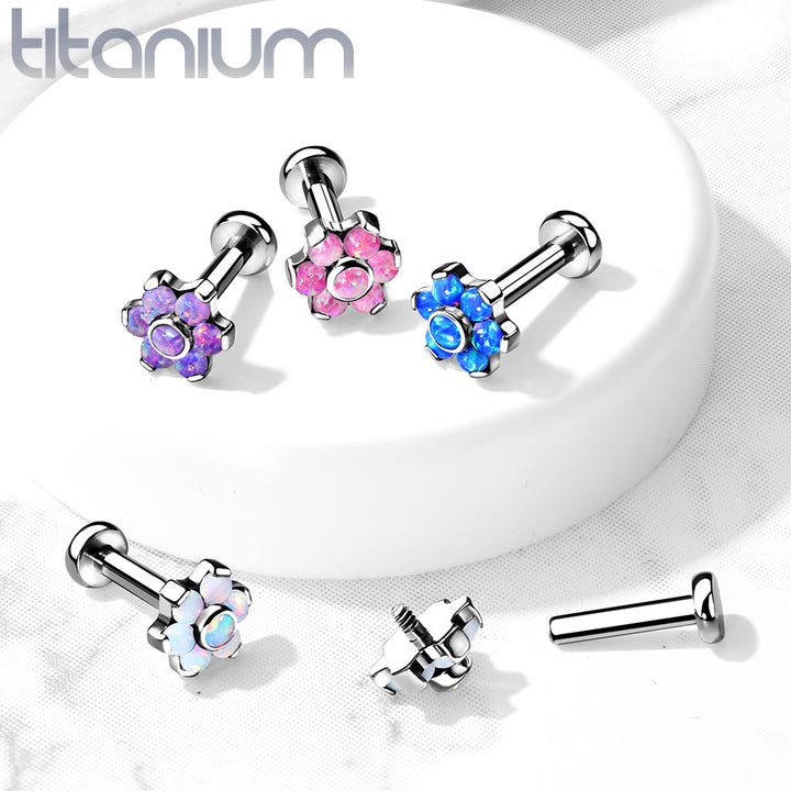 Implant Grade Titanium White Opal Flower Internally Threaded Flat Back Labret - Pierced Universe