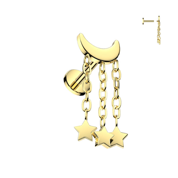 Implant Grade Titanium Gold PVD Internally Threaded Crescent Moon With Star Dangles Flat Back Labret