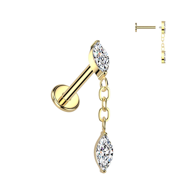 Implant Grade Titanium Gold PVD White CZ Marquise Gem Dangle Internally Threaded Labret