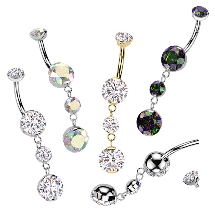 Implant Grade Titanium Vitrail Medium CZ Internally Threaded Multi Gem Dangle Belly Ring - Pierced Universe