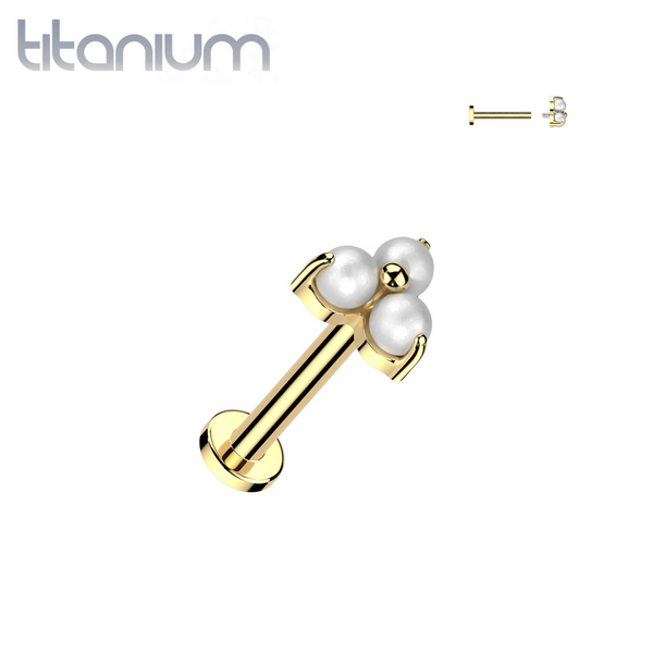 Implant Grade Titanium Gold PVD White Pearl Trillium Internally Threaded Flat Back Labret