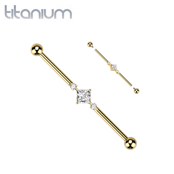 Implant Grade Titanium Gold PVD White CZ Square & Circle Gem Cluster Industrial Straight Barbell