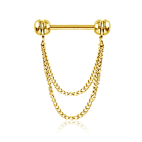 316L Surgical Steel Gold PVD Double Chain Dangle Nipple Ring Straight Barbell - Pierced Universe