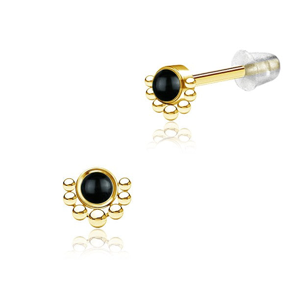 Pair of 316L Surgical Steel Gold PVD Beaded Boho Black Agate Stud Earrings - Pierced Universe