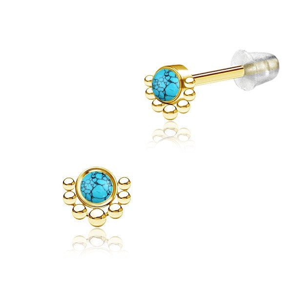 Pair of 316L Surgical Steel Gold PVD Beaded Boho Turquoise Stud Earrings - Pierced Universe