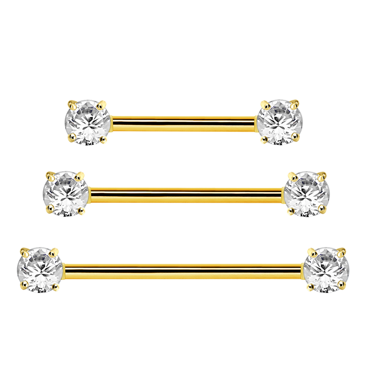 316L Surgical Steel White CZ Prong Straight Barbell Nipple Ring - Pierced Universe