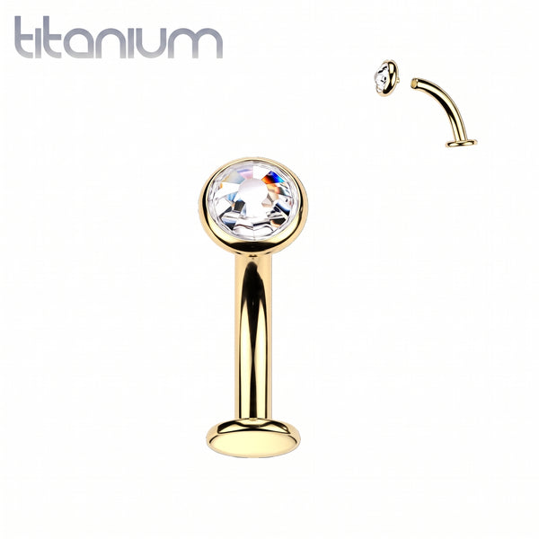 Implant Grade Titanium Gold PVD Minimal White CZ Bezel Internally Threaded Floating Belly Ring Stud