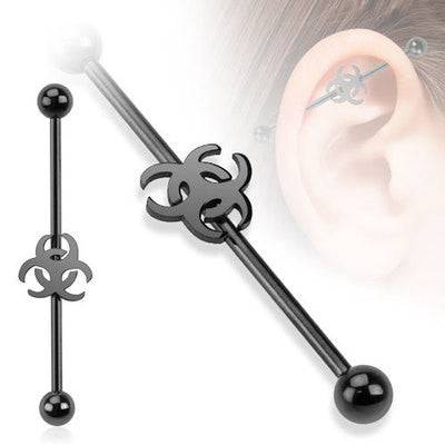 14ga Surgical Steel Black PVD Biohazard Straight Industrial Barbell - Pierced Universe