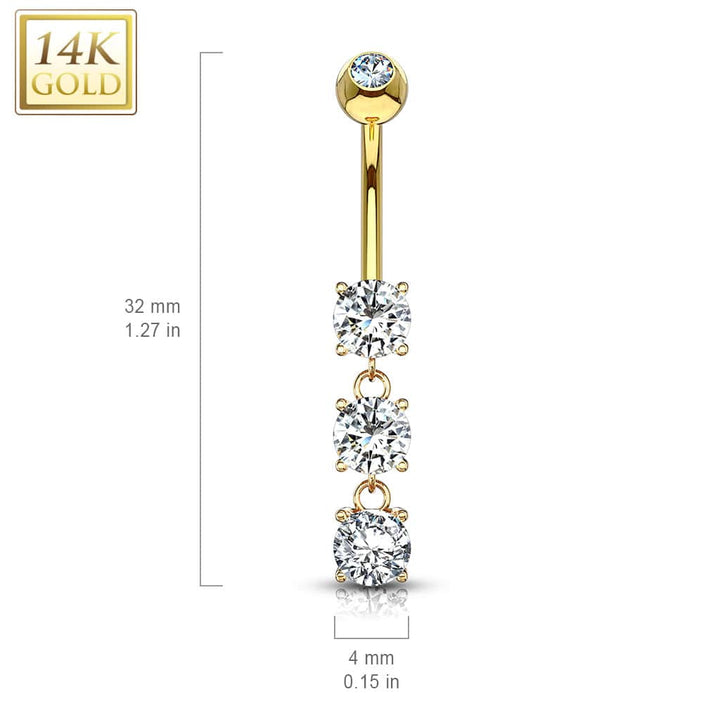 14KT Yellow Gold 3 CZ White Gem Dangling Belly Button Ring - Pierced Universe