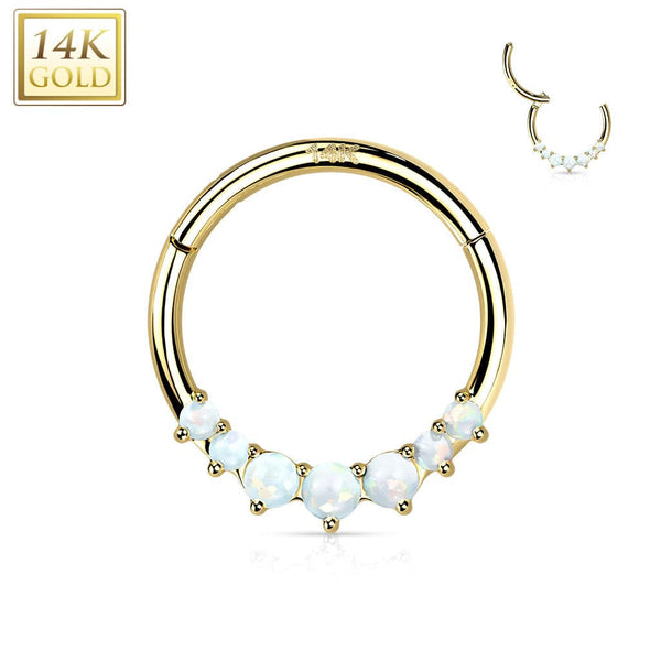 14KT Yellow Gold Dainty White Opal Hinged Septum Clicker Hoop - Pierced Universe