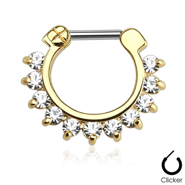 16GA Gold PVD Prong Set Single Line White CZ Gemmed 316L Surgical Steel Bar Septum Ring Clicker - Pierced Universe