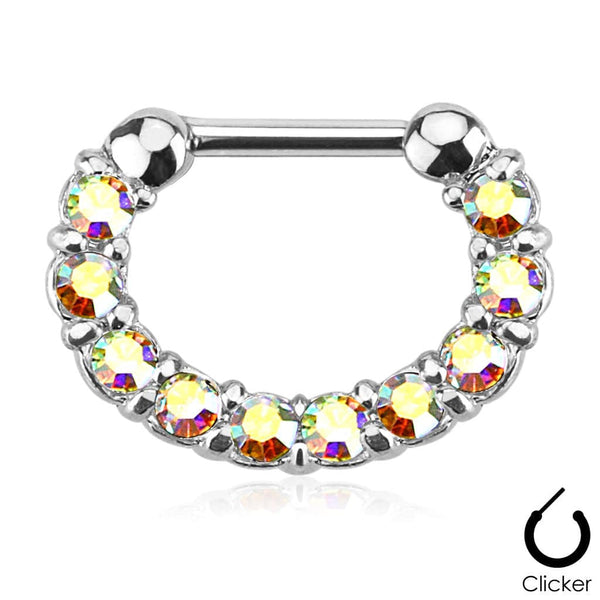 16ga Surgical Steel Bar 10 Gem Paved Aurora Borealis Nose Septum Clicker Ring Jewelry - Pierced Universe