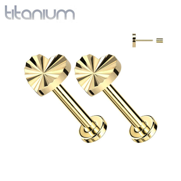 Pair of Implant Grade Titanium Gold PVD Dainty Ridged Heart Threadless Push In Earrings With Flat Back - Pierced Universe