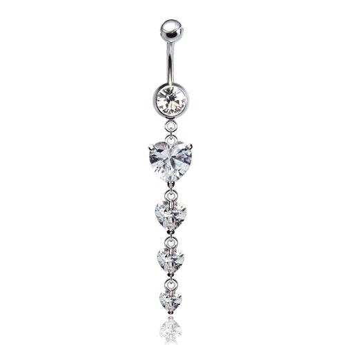 316L Surgical Steel 4 Heart CZ Gem Dangle Belly Ring - Pierced Universe