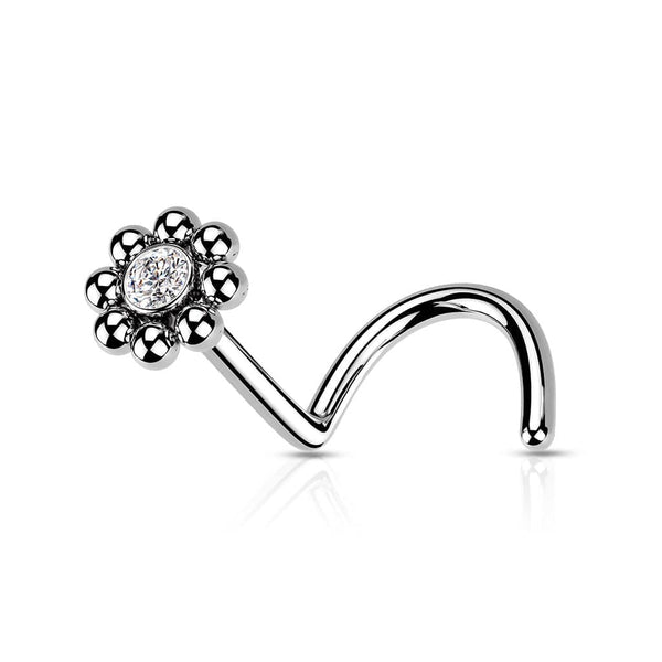 316L Surgical Steel Ball White CZ Gem Flower Corkscrew Nose Ring Stud - Pierced Universe