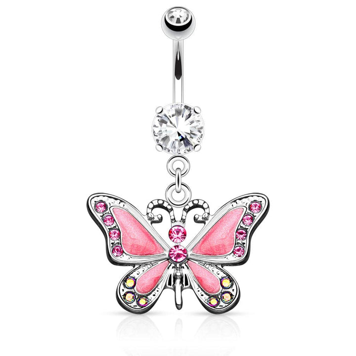 316L Surgical Steel Dangling Epoxy CZ Cute Butterfly Belly Button Navel Ring - Pierced Universe